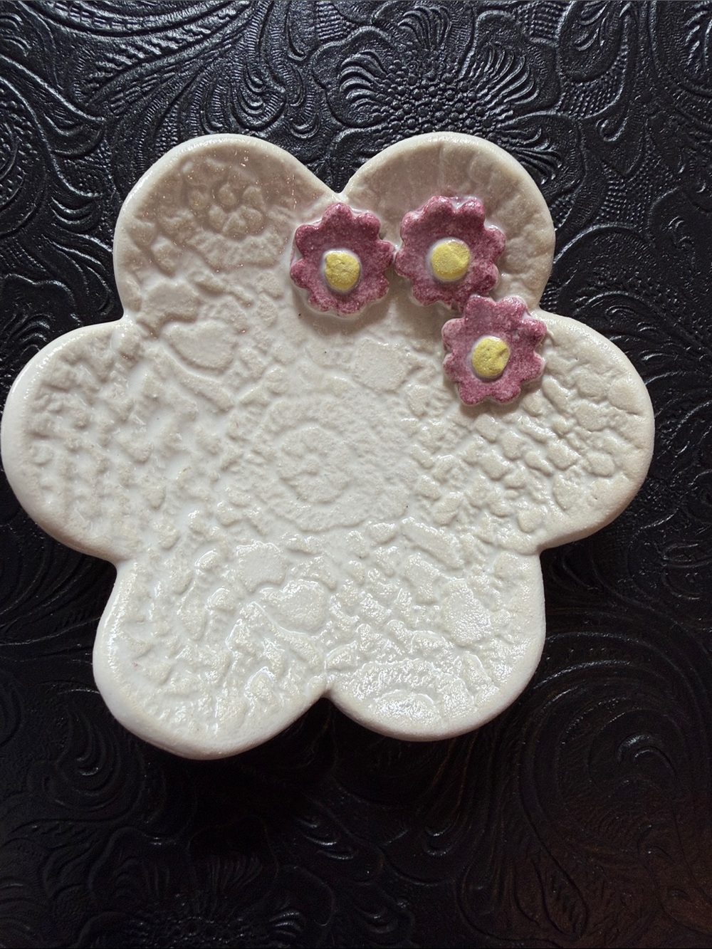 Handcrafted Cream Flower-Shaped Trinket Dish with Pink Accent Flowers